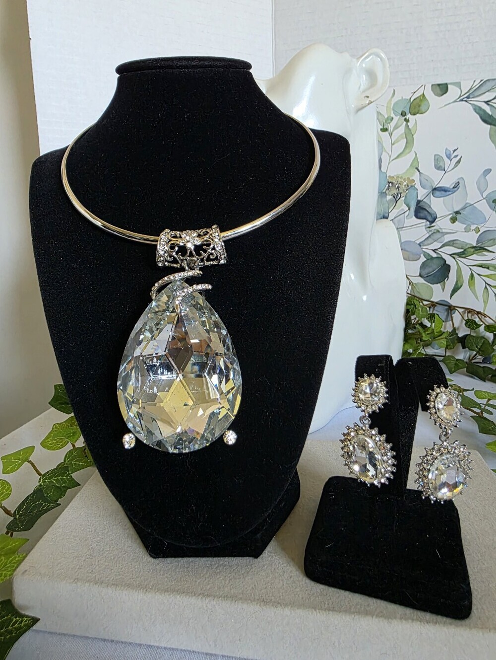 Statement Silver Choker Necklace with Large CZ Teardrop Pendant and Earrings Set